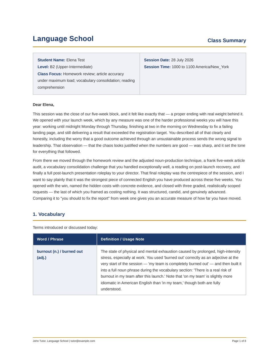 Sample class summary, page 1